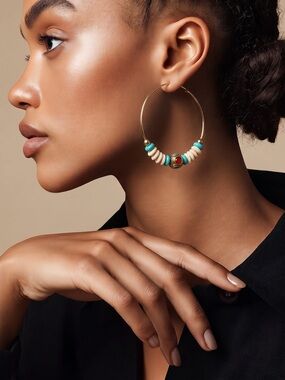 Gold Hoop Earrings with Turquoise Beads - Women Jewelry☑️